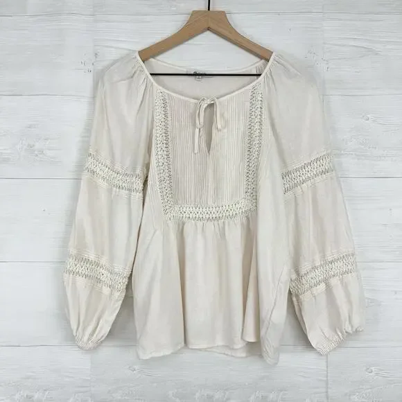 Madewell Peasant Top XS Ivory Linen-Blend Pintuck Boho Bubble Sleeves Babydoll - Picture 15 of 15
